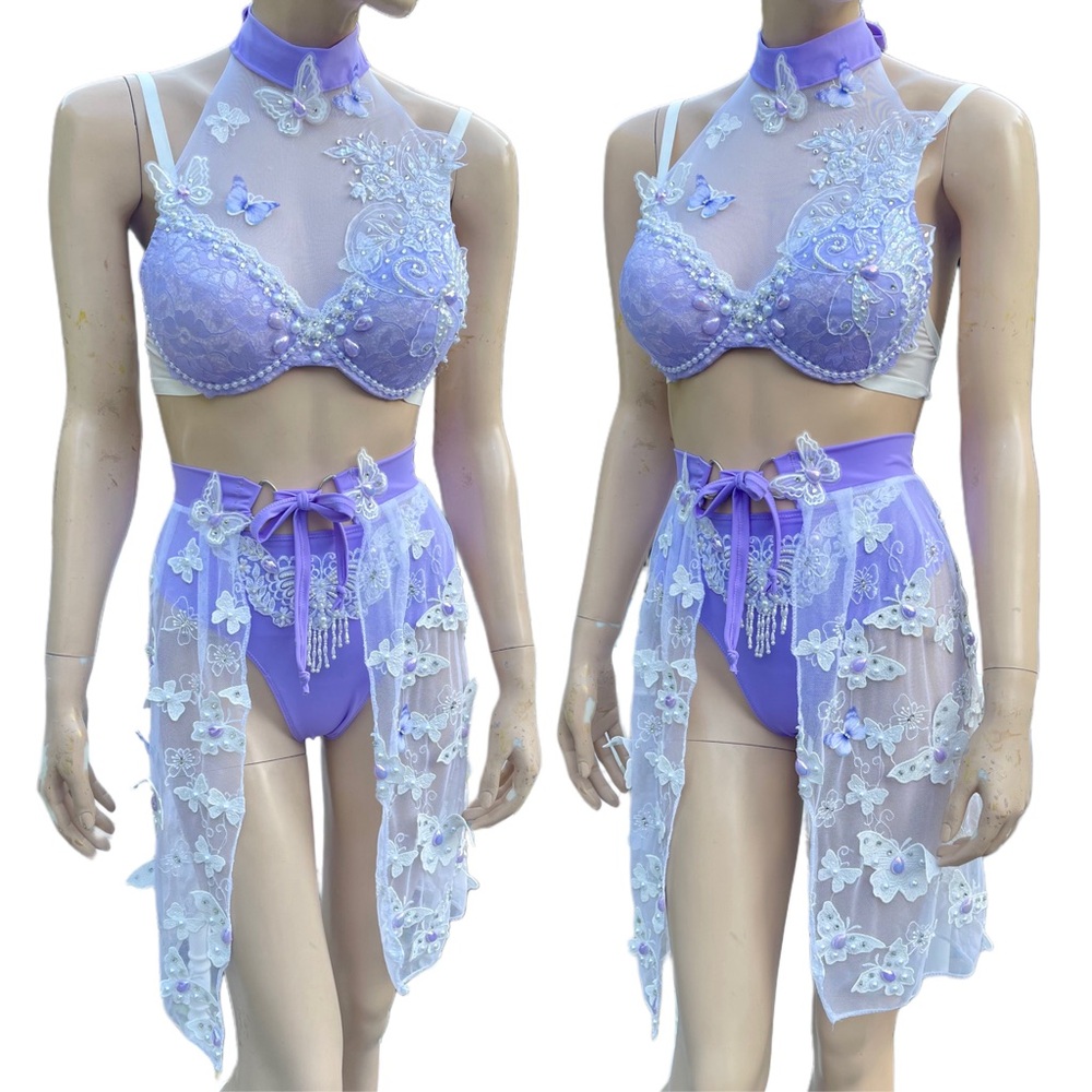Lavender Pearls Butterfly Fairy Dance Rave Bra and Skirt Halloween Costume
